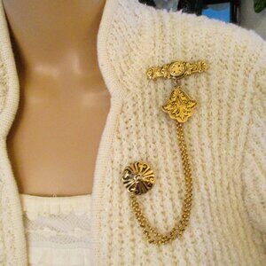 VICTORIAN REVIVAL Gold Etruscan Taille d'epargne Chatelaine Brooch ~ ANTIQUE
